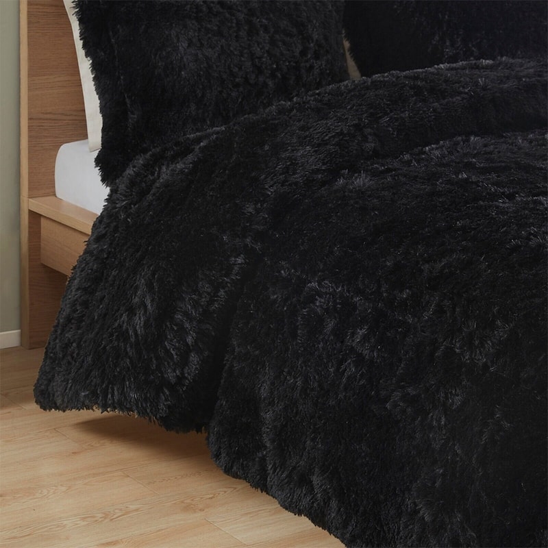 Full/ Queen Faux Fur Comforter Set Black - On Sale - Bed Bath & Beyond ...