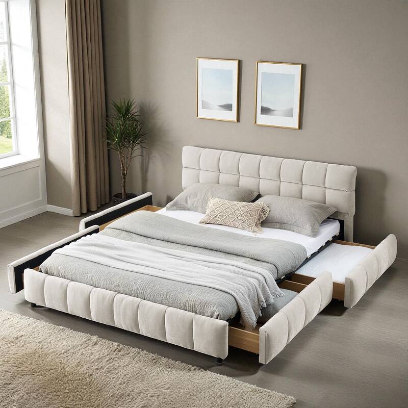 Queen Upholstered Platform Bed with Chenille Fabric, Soft Headboard & Underbed Storage Drawer, Solid Bed Frame - Beige - Queen