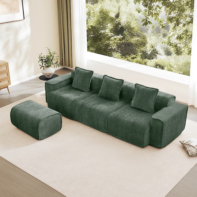 GDFStudio - Streamlined Velvet 3-Seater 108.66" L-Shaped Modular Boneless Sofa with Ottoman - Green