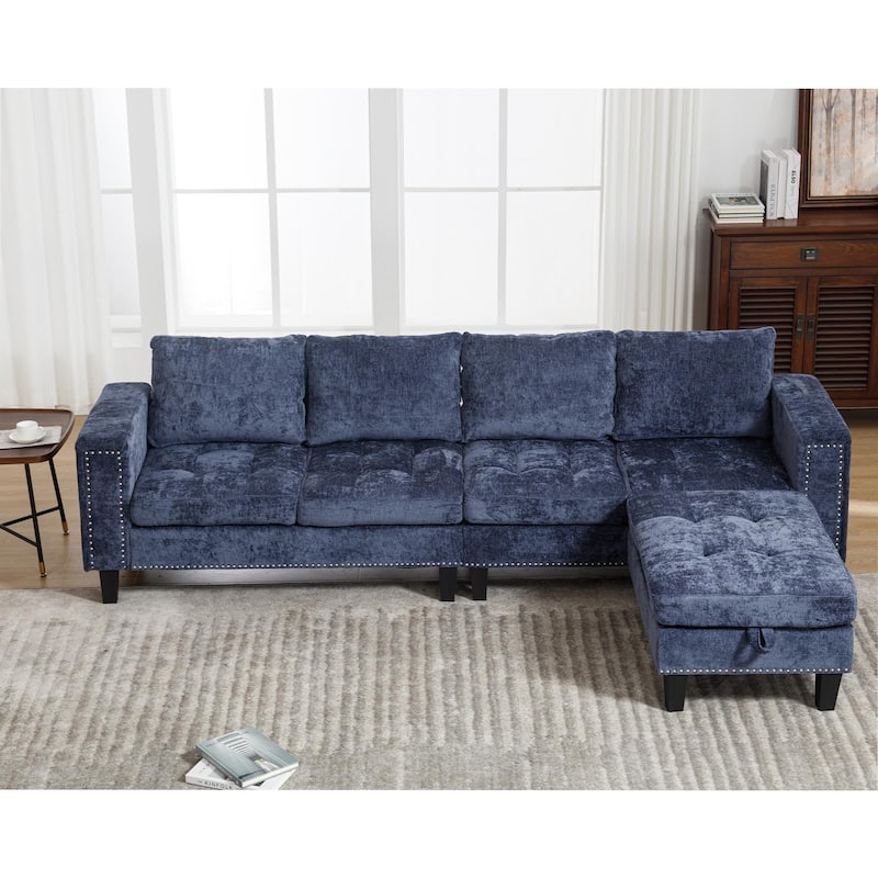 5 Seat Modular Blue Chenille Sofa with Storage Ottoman