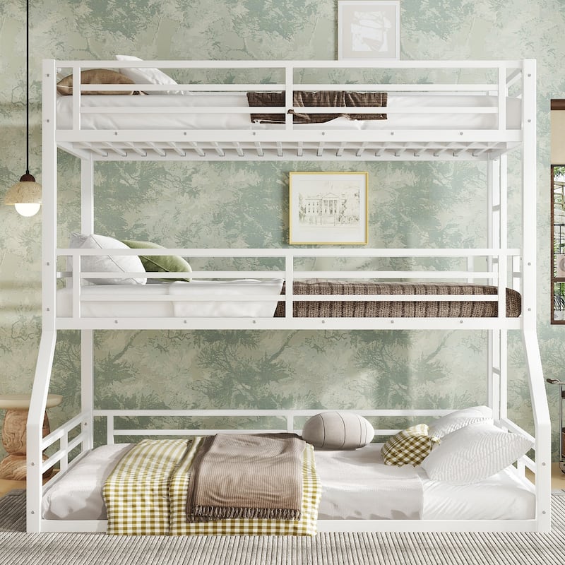 Twin over Twin over Full Bunk Bed, Metal Triple Bunk Bed with Safety Guardrails, Heavy-duty Bunk Bed with Noise-reduced Design