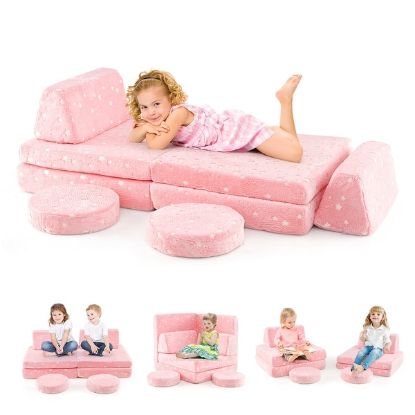 slide 2 of 18, Gymax Glow in the Dark Modular Kids Play Couch Set w/ Machine-washable Pink