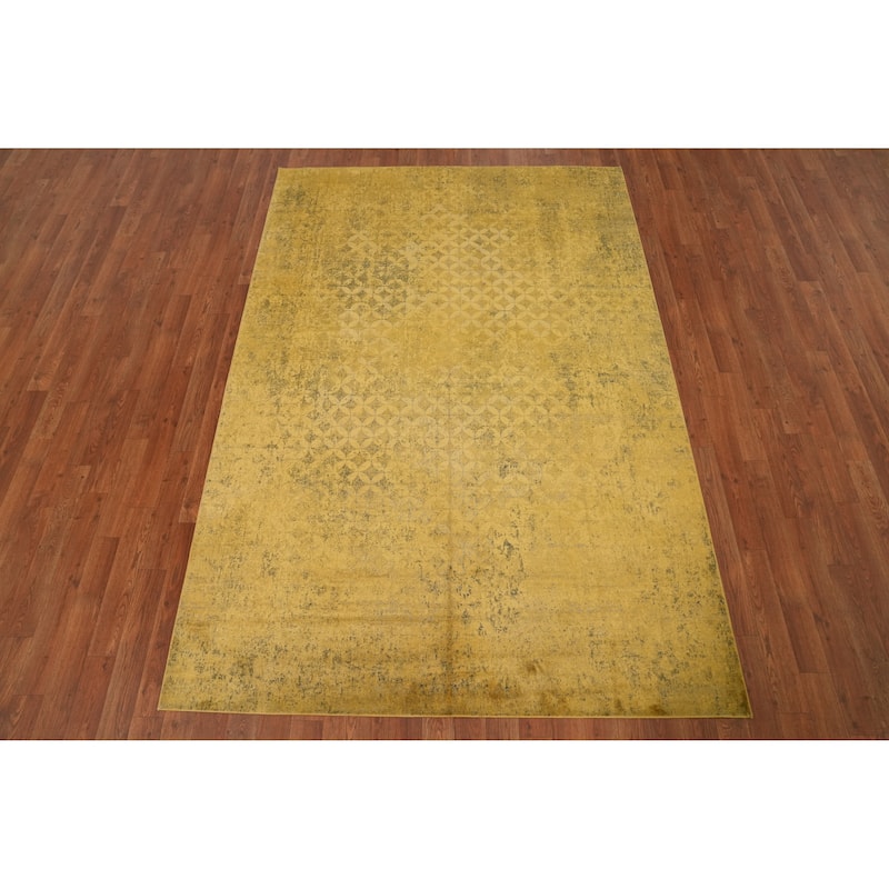 Machine Made Oriental Polyester Carpet Geometric Yellow & Gold Distressed Area Rug - 7' 5'' X 5' 2''