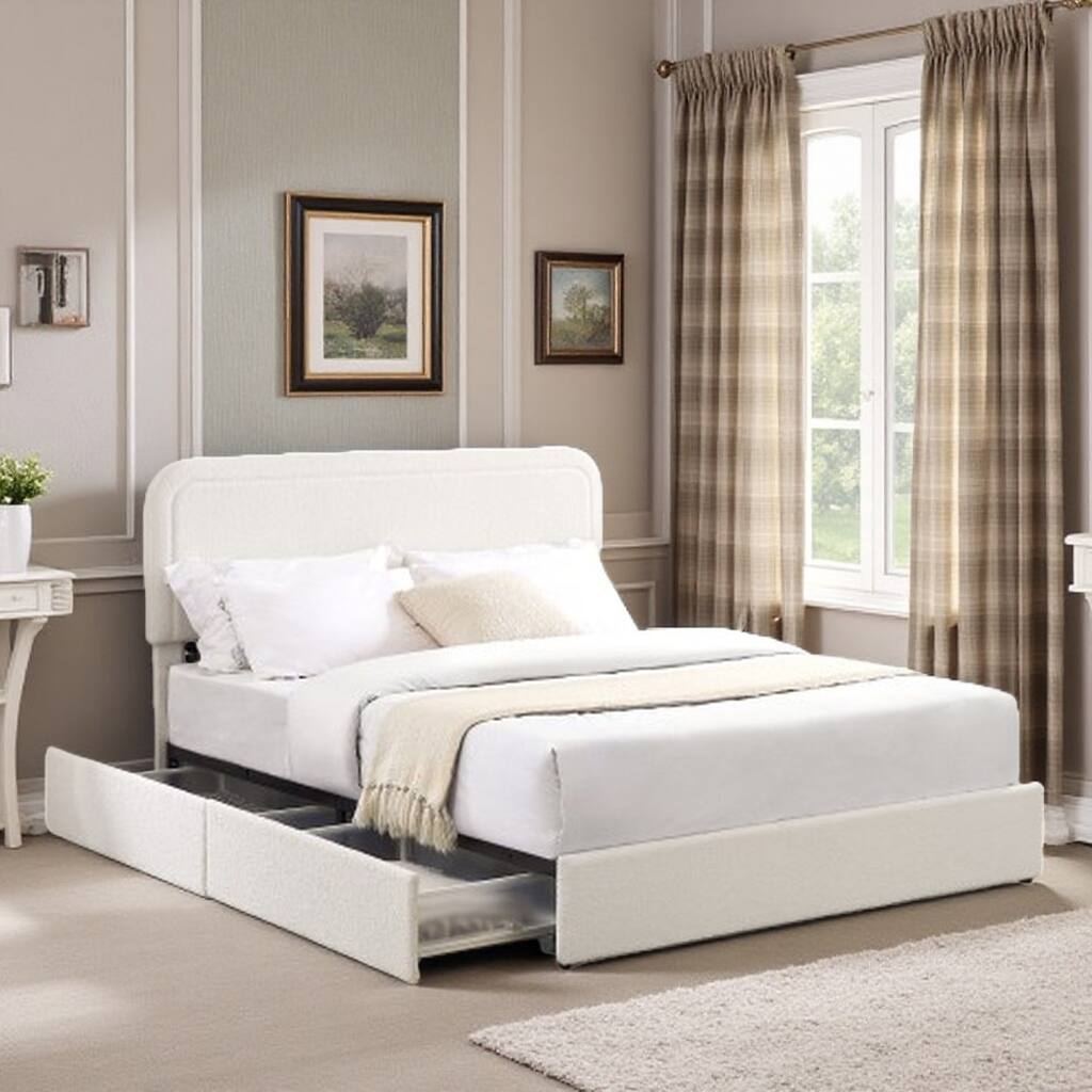 Ivory Boucle Upholstered Queen Storage Bed with 2 Patented Drawers, Curved Tufted Headboard, Wooden Slat Support