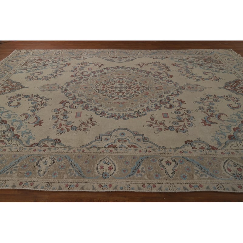 Medallion Tabriz Persian Rug Beige Hand-Knotted Wool Carpet - 9'6"x 13'3"
