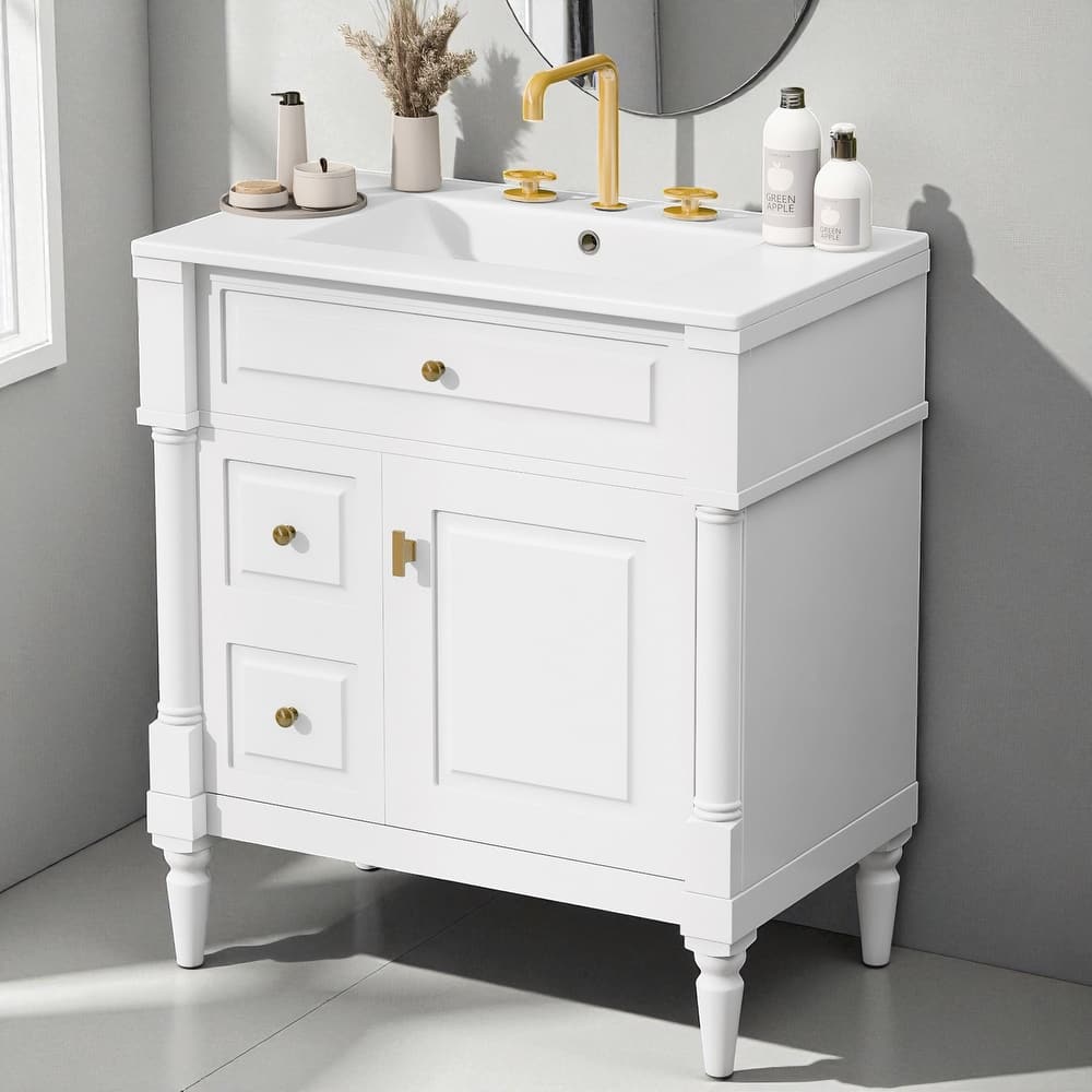 30" Freestanding Bathroom Vanity with Ceramic Sink, Solid Rubberwood Frame, Flip Drawer & Adjustable Shelf