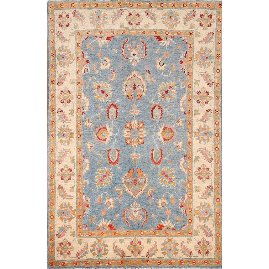 Light Blue Kazak Area Rug Handmade Oriental Wool Carpet - 4'0" x 5'11"