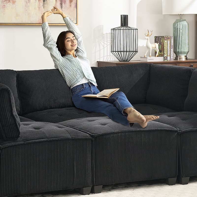 U-Shaped Modular Sectional Sofa, Oversized Corduroy Cloud Couch with Reversible Chaise, Comfy Convertible 6-Seat Corner Couch - Black