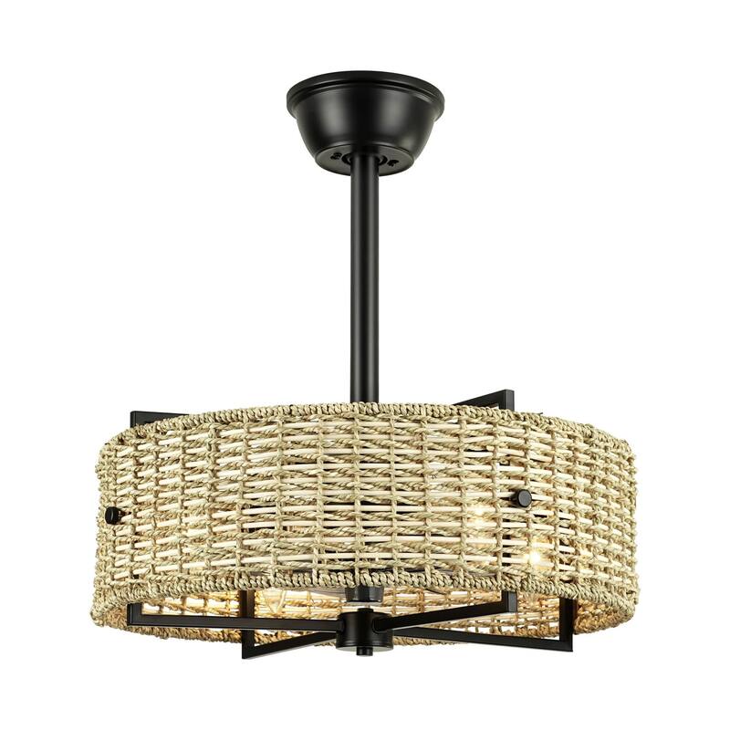 4-Light Traditional Boho Cylinder Drum Woven Rattan and Bamboo Ceiling Fan - 19.3 in. W x 8.3 in. H