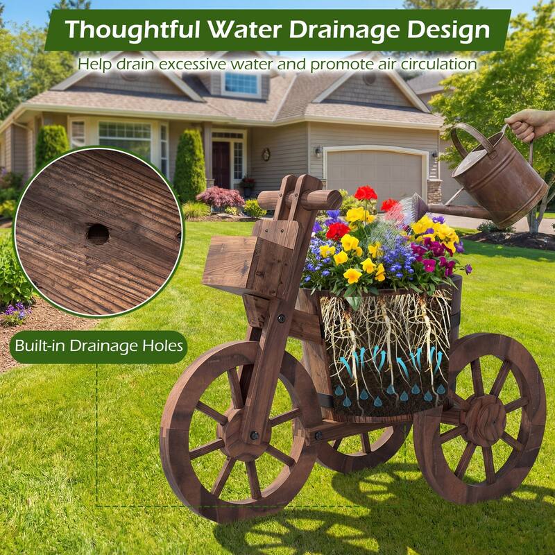 Gymax Rustic Wood Tricycle Planter w/Barrel Pot & Storage Box for