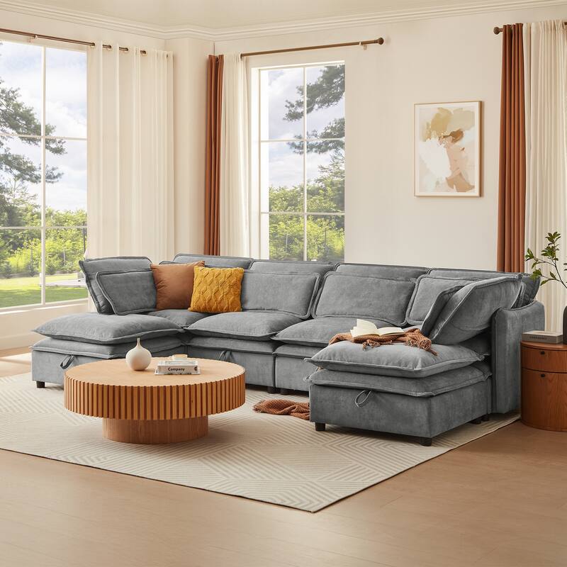 124" U-Shaped Modular Sectional Sofa with Storage & Bed - Grey