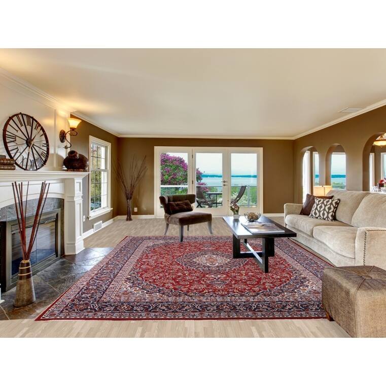 Traditional Kashan Turkish Area Rug Floral Machine-Made Carpet - 9'8" x 12'9"