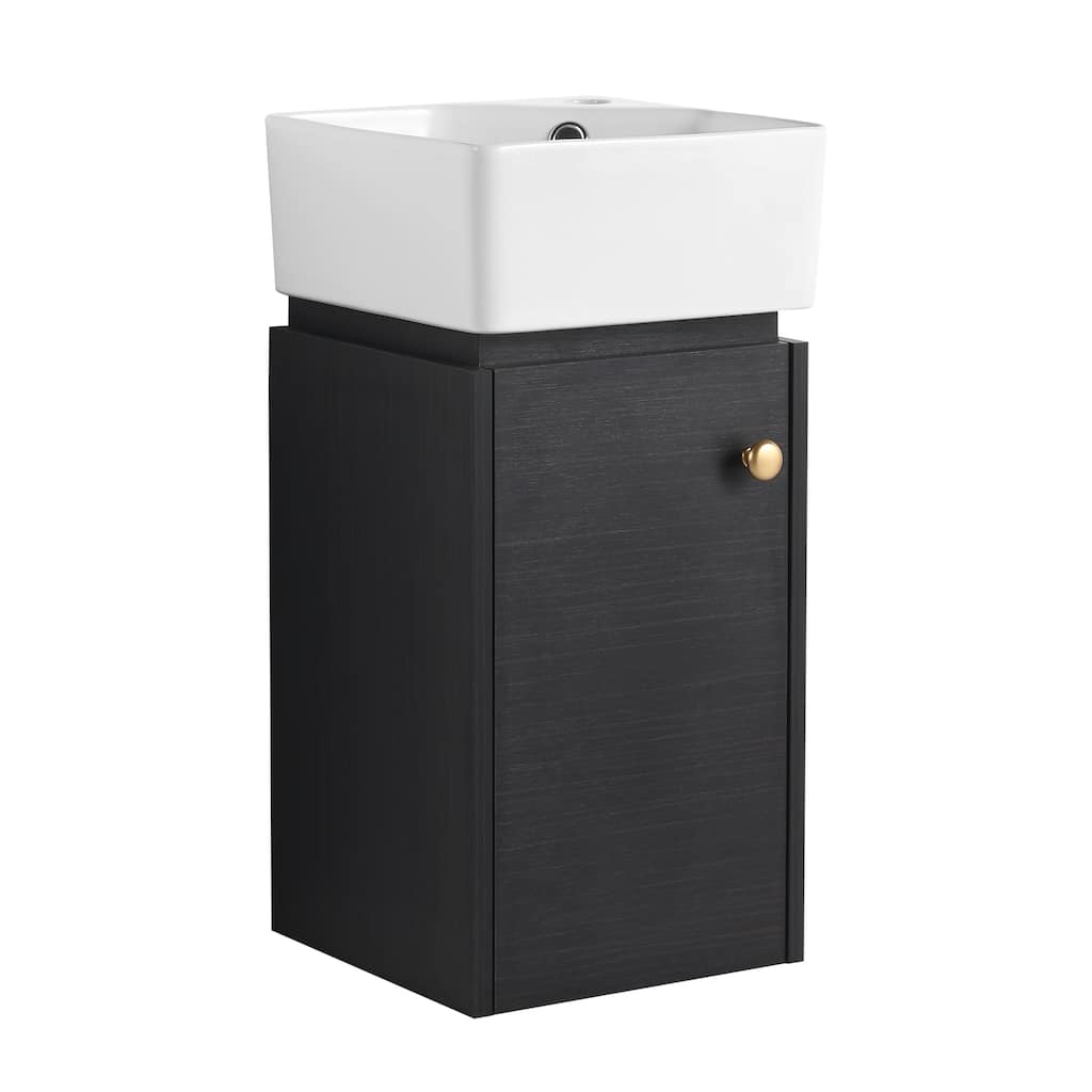 Small Bathroom Vanity with Sink, 12-Inch Black Chestnut Cabinet, Wall-Mounted with Soft-Close Door - 12in L Plywood