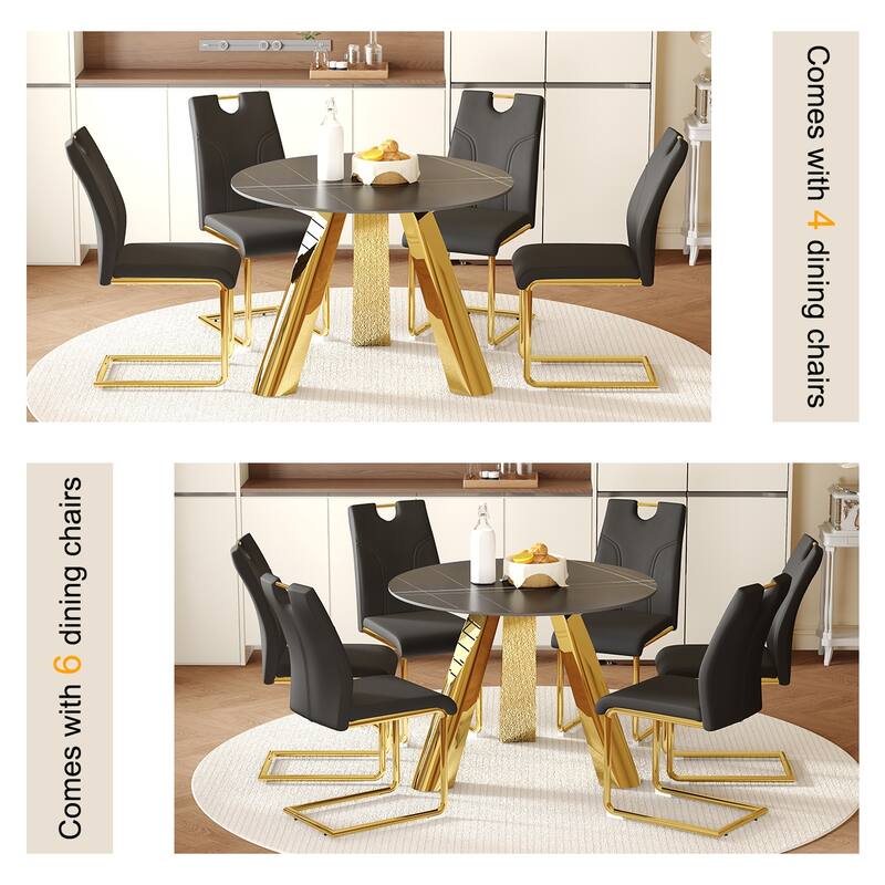 42" Sintered Stone Dining Set,4 PU Upholstered Chairs Modern Luxury Round Table