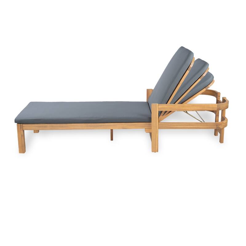 Roomfitters Outdoor Acacia Wood Chaise Lounge with Adjustable Backrest and Cushioned Seat for Patio or Poolside, Dark Gray