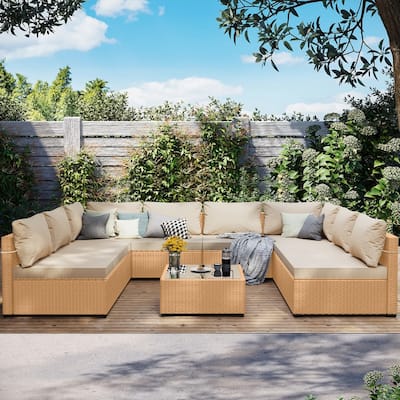 Patio Watcher Patio Conversation Set 9-Piece Yellow Wicker Sectional Seating Group with Cusions