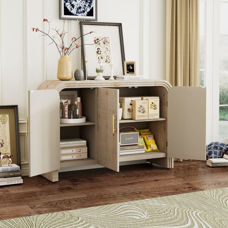 Retro Sideboard Storage Accent Cabinet with Gold Pulls, Adjustable Shelves, and Smooth Curved Design for Living Dining Room