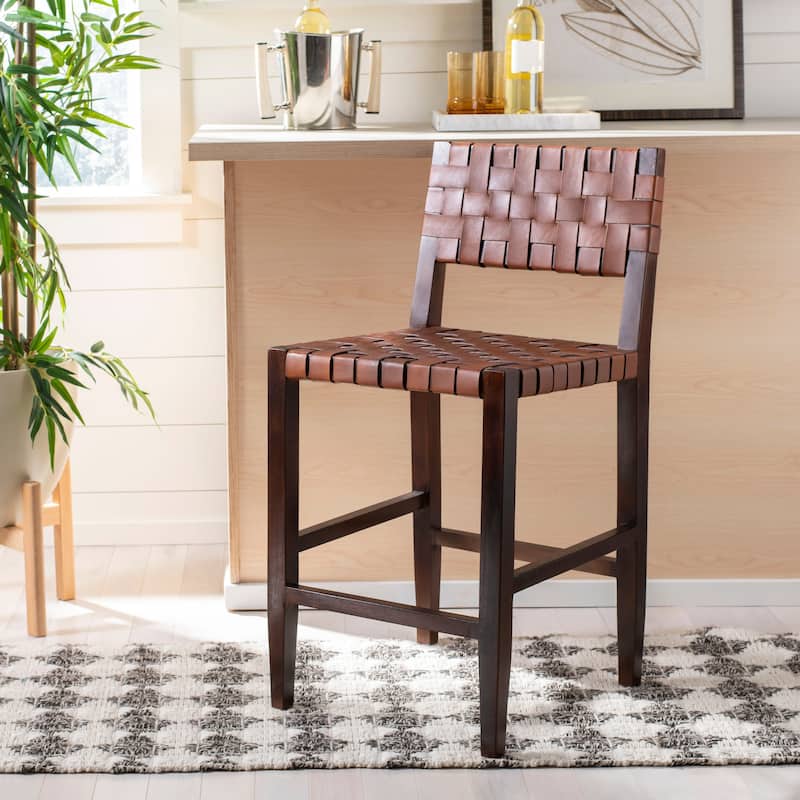 SAFAVIEH Zadie -24 Inch Woven Leather Counter Stool / Walnut - 18"W x 20"D x 36" H - 18Wx20Dx36H - Cognac/Walnut Finish