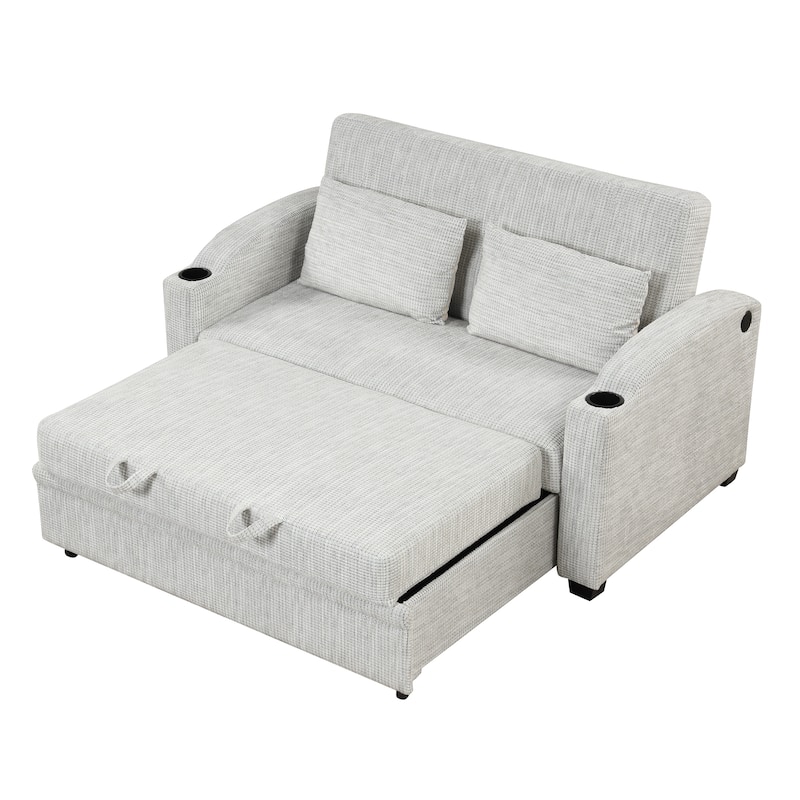 61.6" Pull Out Sofa Bed with Adjustable Backrest, 2 Pillows, Cup Holders & USB Ports, White Gray, Chenille