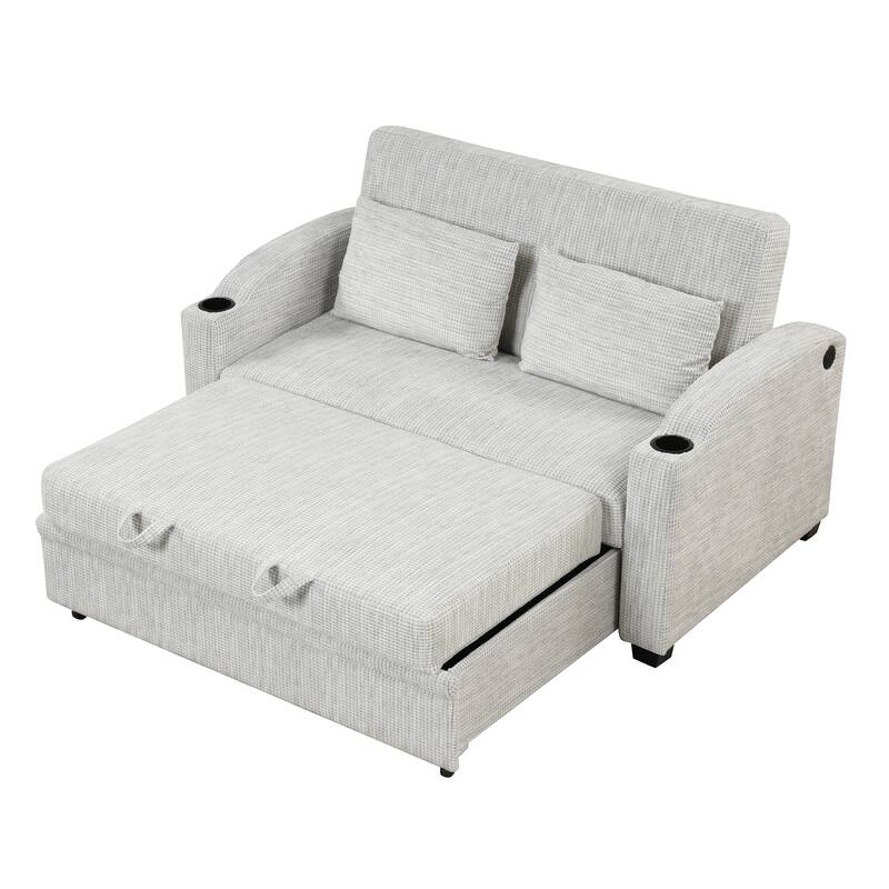 Pull Out Sofa Bed Modern Chenille Convertible Loveseat Sofa With Adjsutable Backrest, 2 Pillows, Cup Holders, Usb Ports