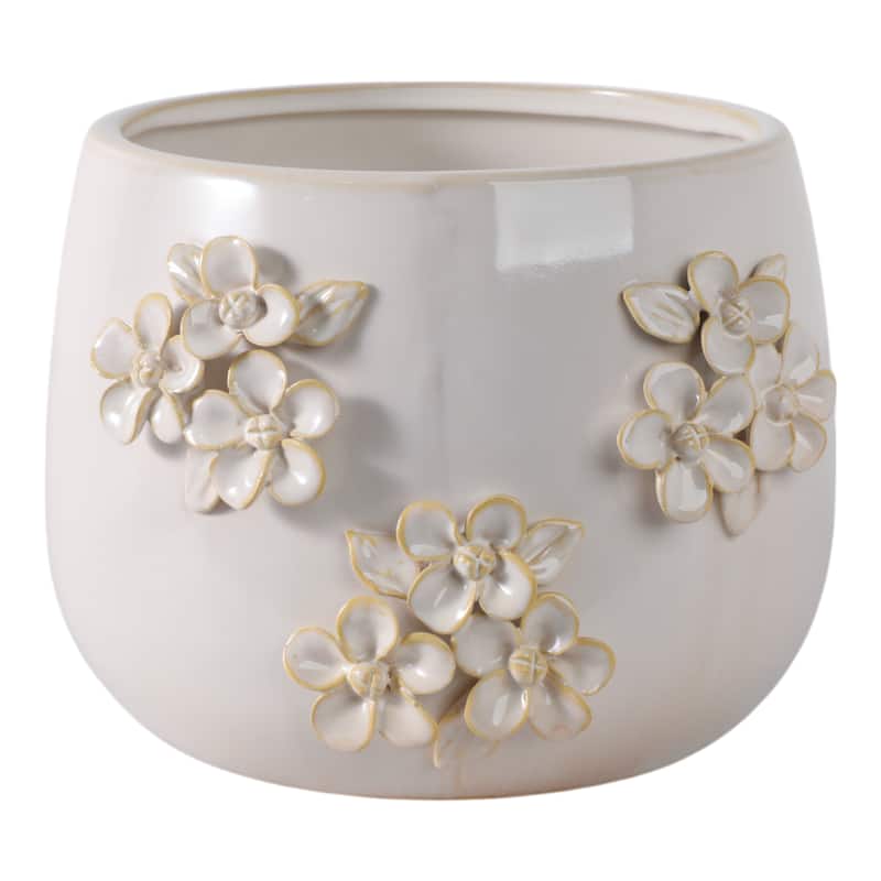 Ceramic Planter Raised Floral Detailing Glossy Decorative Display - 9" x 9" x 7"