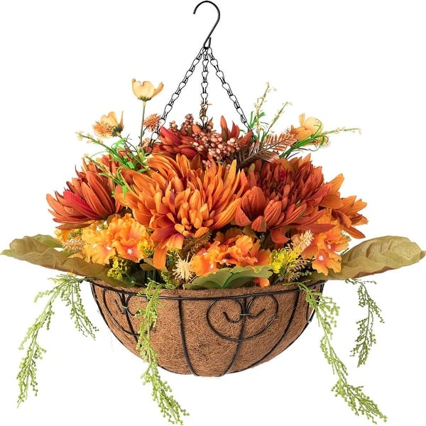 Artificial Faux Hanging Flowers Plants in Basket for Outdoor, Orange Mix  Silk Chrysanthemum Hydrangea Hanging Planter - Bed Bath & Beyond - 40502046