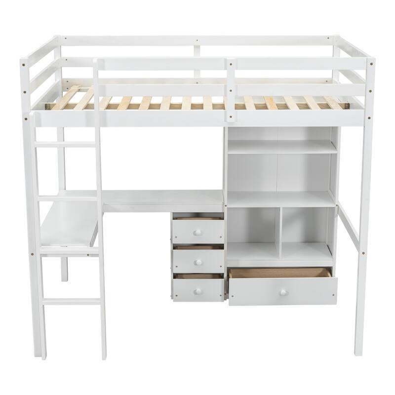 Full Size Loft Wood Bed with Desk, Storage Shelves, Drawers, and Built-in Ladder, White