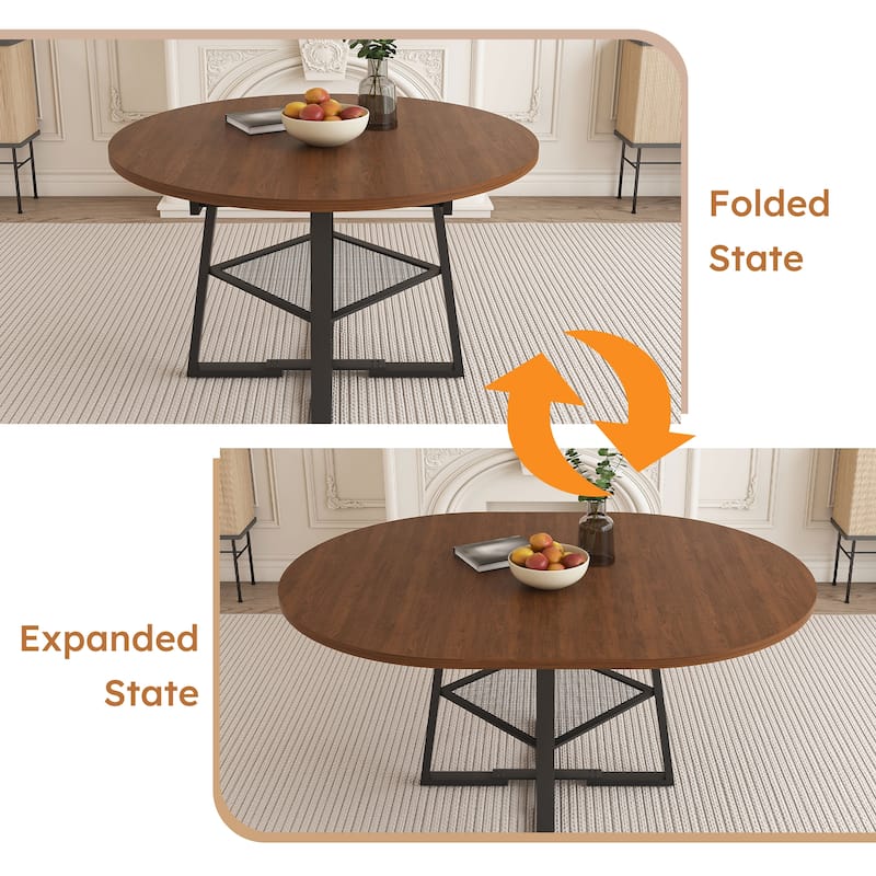 47" Extendable Round Dining Table with Storage for 4-8 People - Circle Table with Metal Frame for Kitchen & Living Room