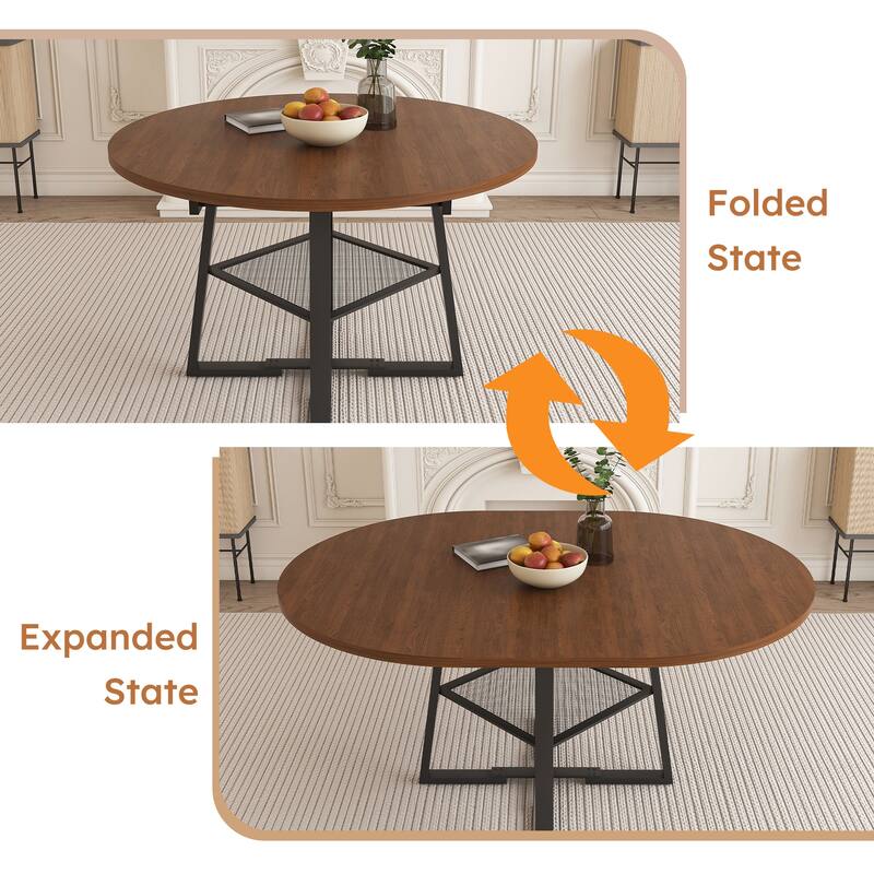 Extendable Round Dining Table, Kitchen Table with Open Wire Grid Shelf, Meeting Table for 4-8 People