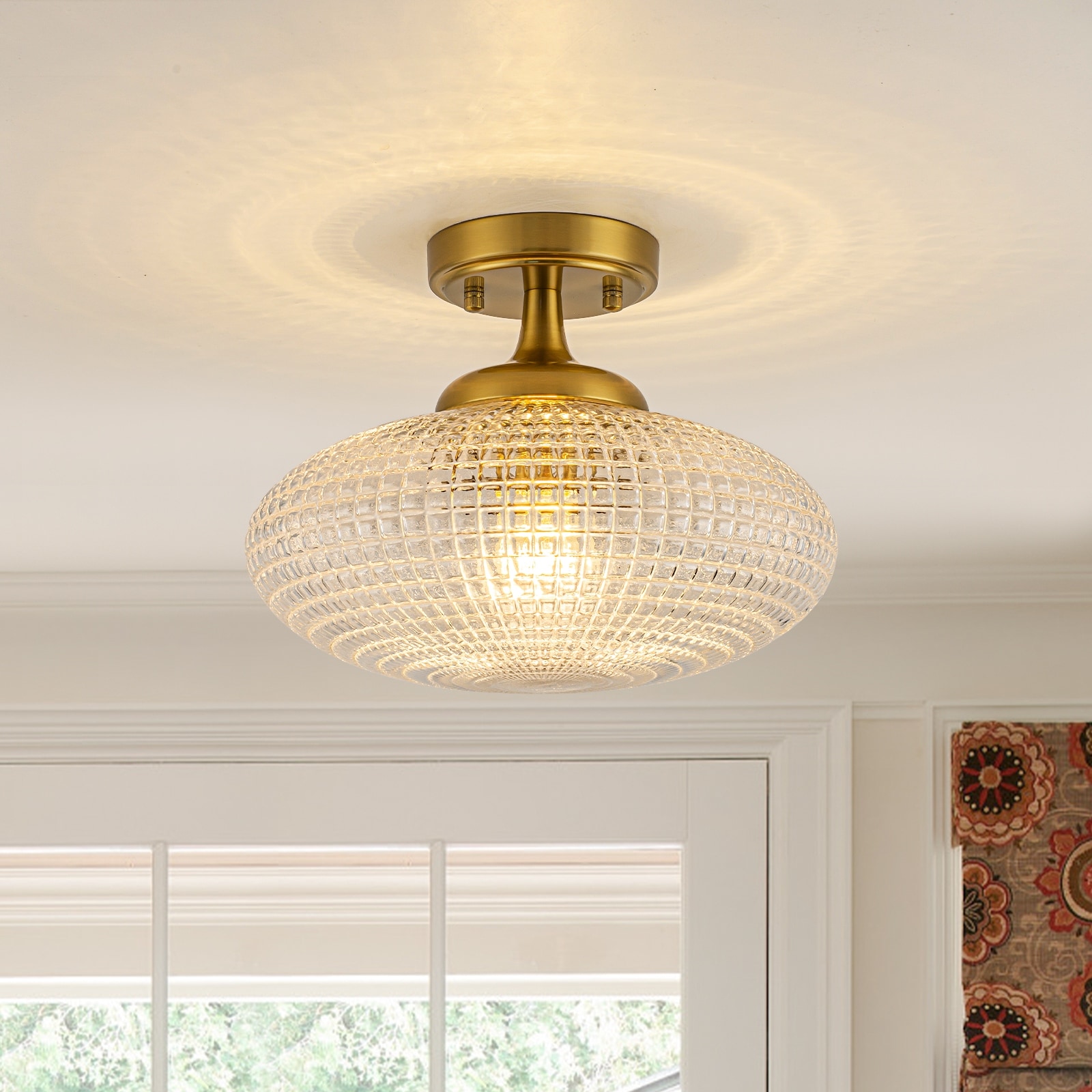 Modern 1-Light Gold Semi Flush Mount Lights with Grid Textured Glass