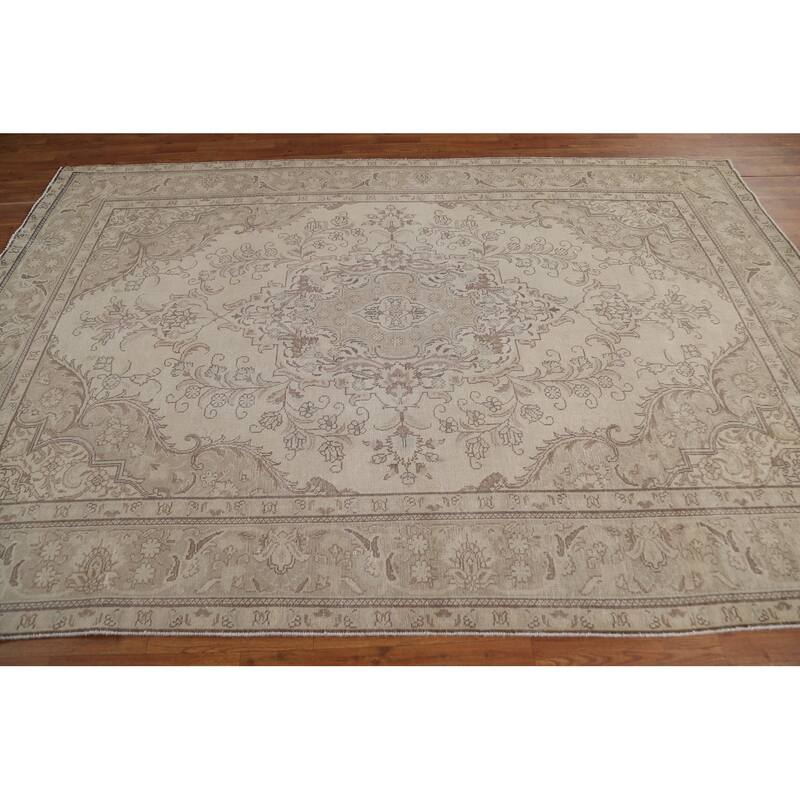 Hand Knotted Oriental 100% Wool Carpet Traditional Medallion Beige & Ivories Tabriz Area Rug - 9' 4'' X 6' 3''