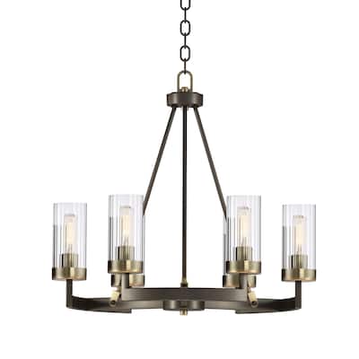 Bronze and Antique Gold 6-Light Round Chandelier with Ribbed Glass Shades