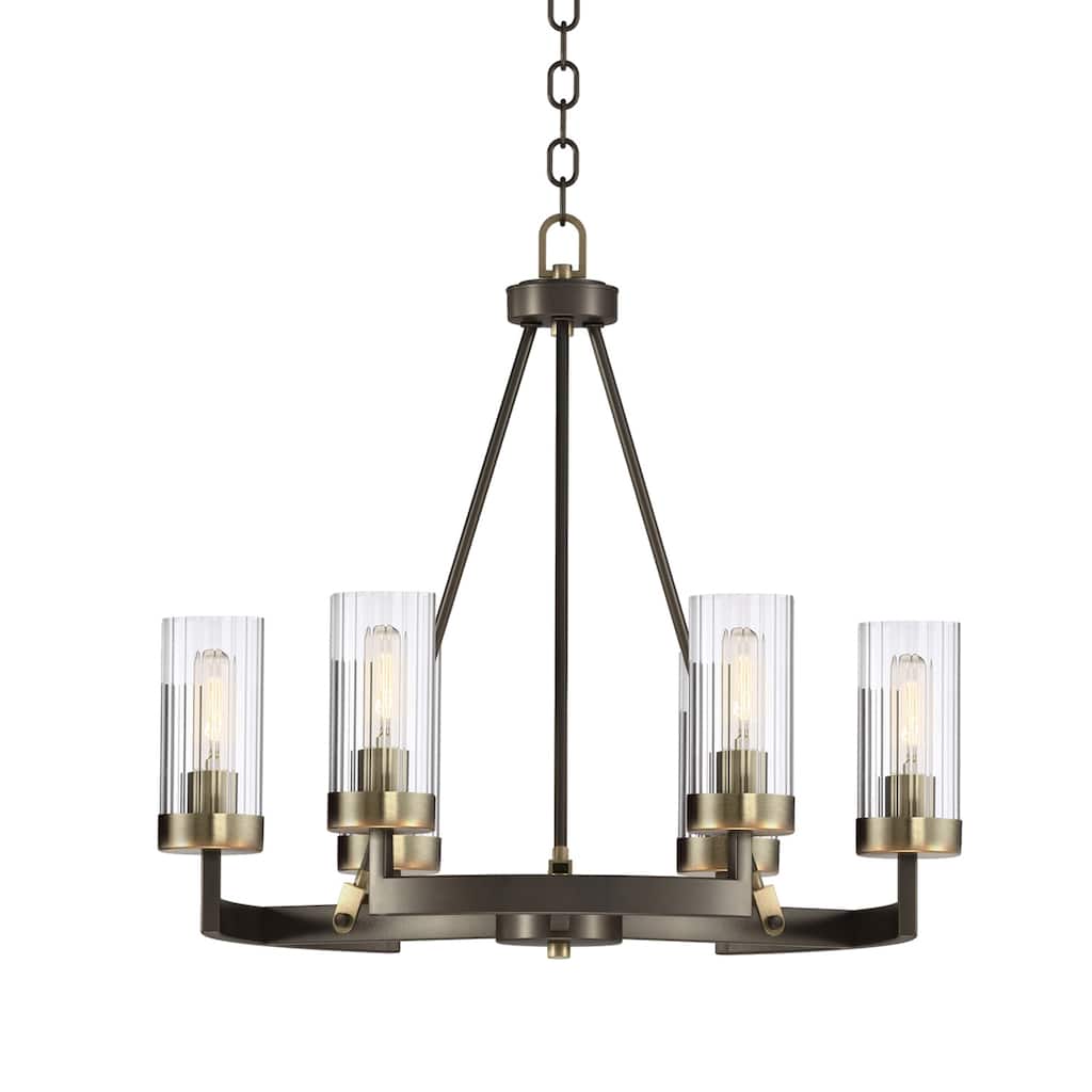 Bronze and Antique Gold 6-Light Round Chandelier with Ribbed Glass Shades