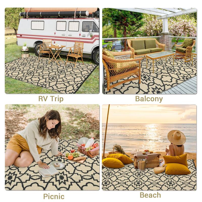 Outdoor Plastic Straw Rug Geometric Waterproof Reversible Area Rug for Patio Backyard Picnic Camp Beach