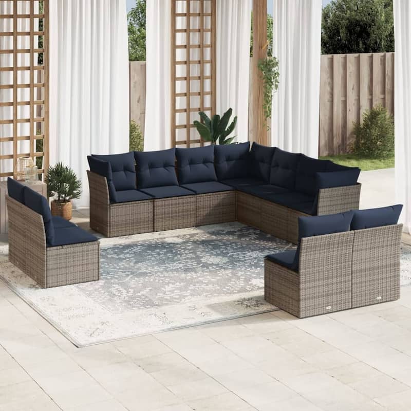 vidaXL 11/12 Piece Patio Sofa Set with Cushions Black/Brown/Gray Poly Rattan - 21.7 x 24.4 x 27.2 - Beige and gray Without table