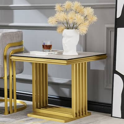 Luxurious Gold and Glass End Table with 24 inch Square Top and Stainless Steel Base