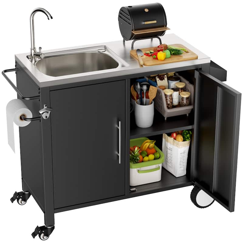 Outdoor Grill Table with Sink, Grill Cart with 304 Stainless Steel Sink and Cabinet, Outdoor Grill Cart