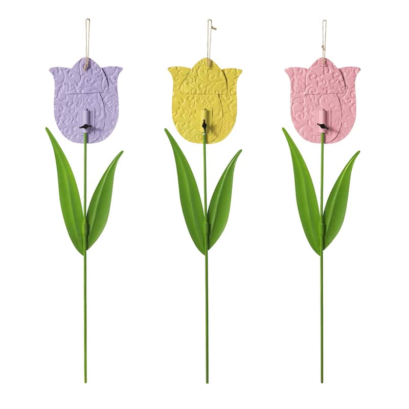 Glitzhome 24"H Easter Metal Tulips Yard Stakes Garden Decor(Set of 3) - 24"