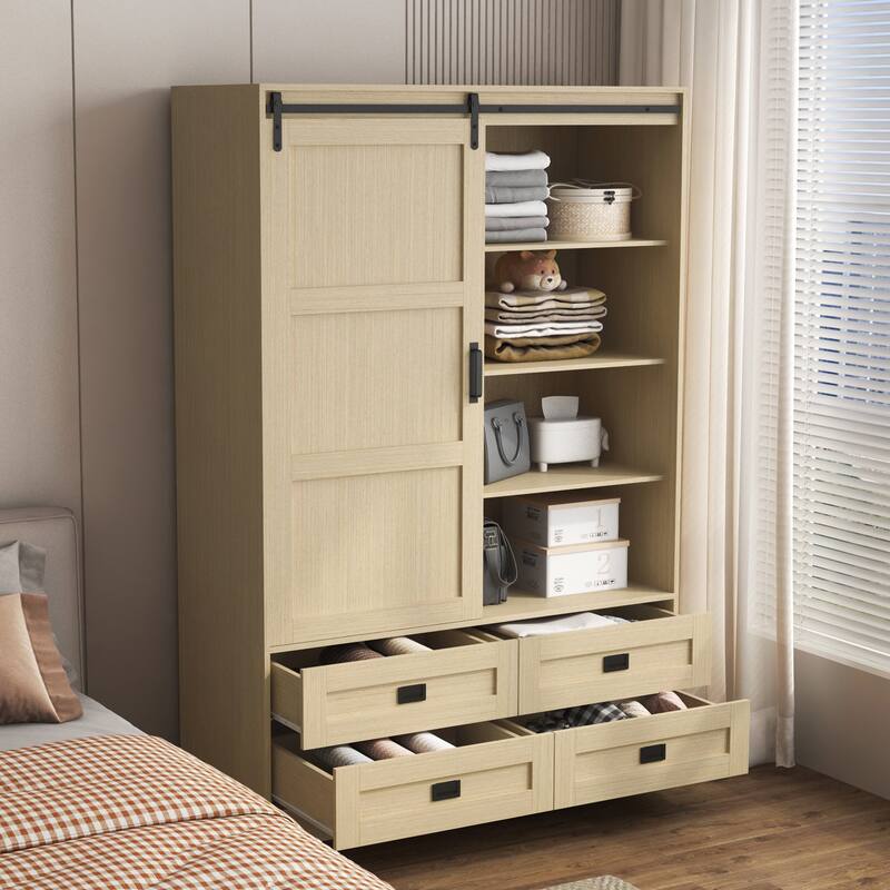 Premium Tall Bedroom Wardrobe with Sliding Barn Doors‌ – Features Hanging Rod, Drawers & Open Shelves for Versatile Storage