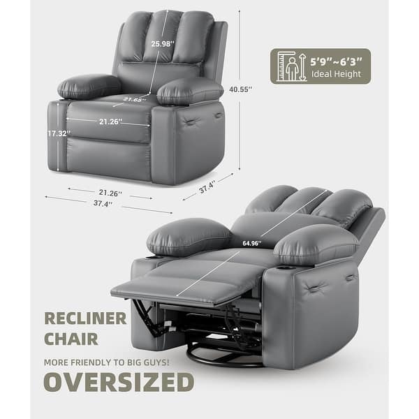 dimension image slide 12 of 15, Oversized power recliner with heat, massage, 360 degrees swivel, and cup holder.