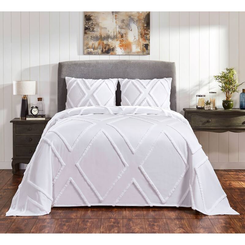 Fabstyles Arizona Chenille Tufted Cotton 3 Piece Bedspread Quilt Set - White - Queen