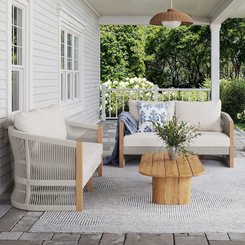 Jagger Farmhouse Patio Seating with Solid Acacia Wood Frame, Cushions, and Rope Accent - Ash White/Gray Oak - 2 Loveseats