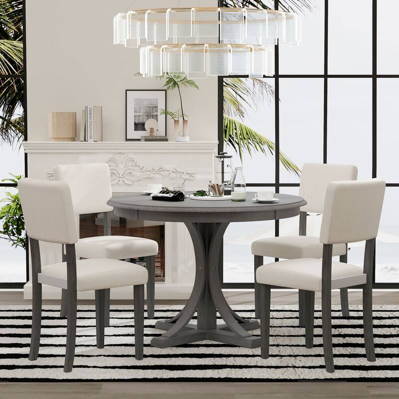 Classic Round 5-Piece Dining Table Set with Cross-Leg Design and Upholstered Seating for Kitchen or Bistro - Dark Gray