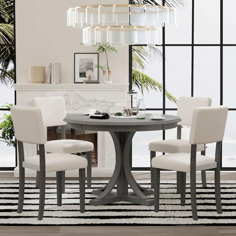 Dark Gray Round Dining Table with Curved Trestle Legs, 5-Piece Dining Table and Chairs Set, Four Upholstered Chairs
