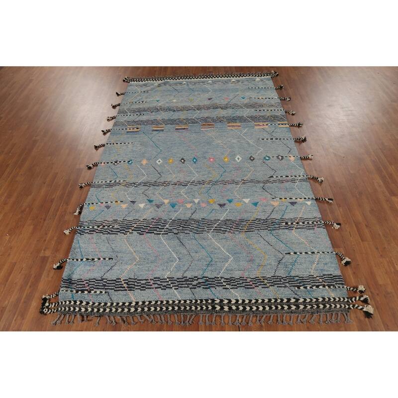 Striped Moroccan Oriental Area Rug Hand-Knotted Wool Carpet - 6'7"x 10'10"