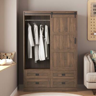 Sliding Barn Door Design Wardrobe Closet Clothing Storage Cabinet, Tall Bedroom Armoire with Hanging Rod, Drawers & Shelves