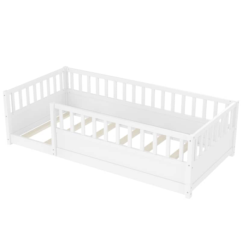 Floor Bed Pine Wood Bed Frame with Fence for Kids Easy Assembly