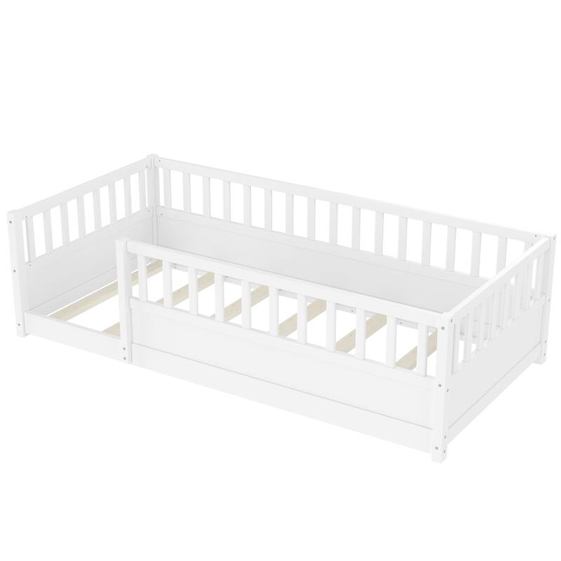 Full/Twin Montessori Floor Bed with Security Barrier & Door - Children's Wooden Bed Frame