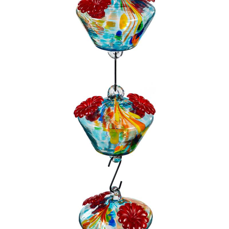 Art Glass Hanging Chained Hummingbird Feeder, Blue & Yellow