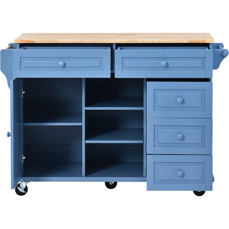Kitchen Island Cart with Rubber Wood Desktop and 5 Storage Draws, Rolling Roller Storage Cabinet for Dining Room, Home Bar